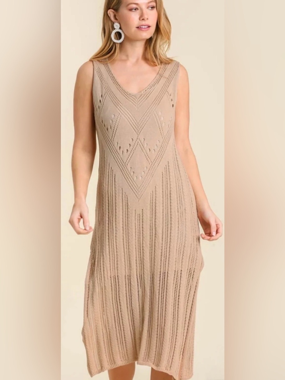 Umgee Tan Sweater Knit Midi Dress cover-up Sleeveless Side Slit Boho Medium NWT